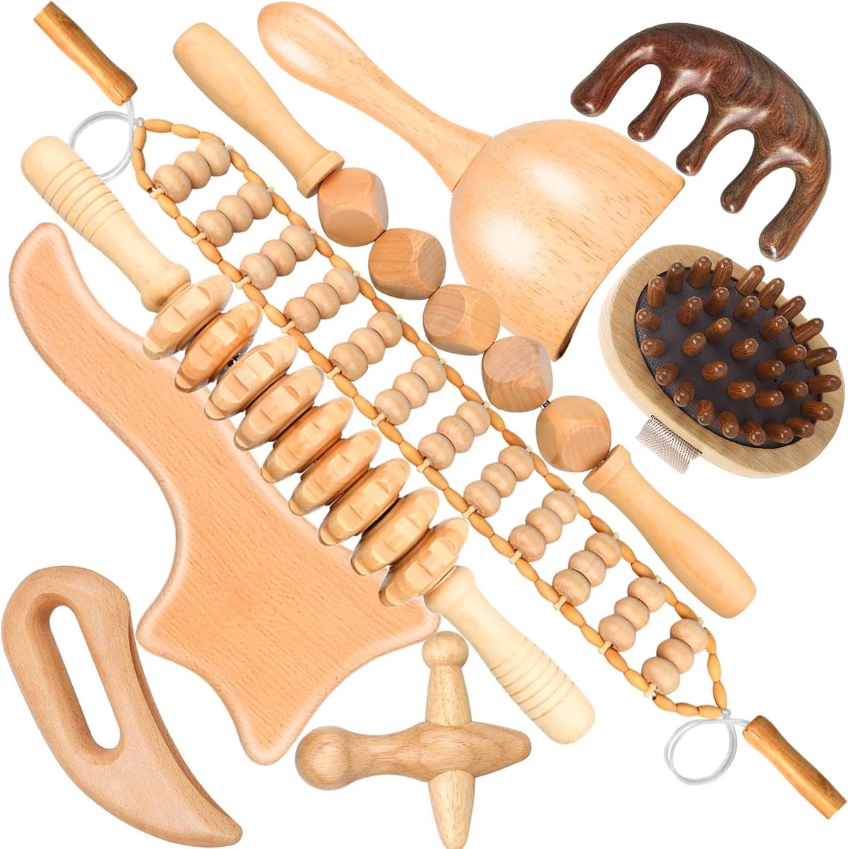 9pcs Wood Therapy Body Shaping Massage Tools Madderoterapia Kit for Anti-Cellulite Lymphatic Drainage Curved Wooden - ShopVlot