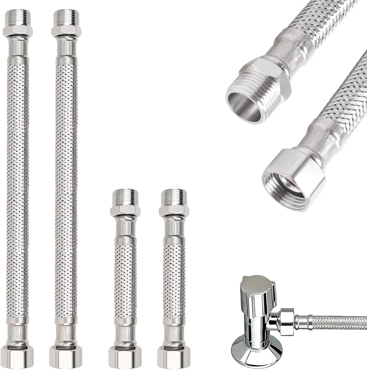 4 stuks flexibele slang 3/8 waterkraan slangverlenging roestvrij stalen flexibele slang 3/8 inch met afdichtingsband - ShopVlot