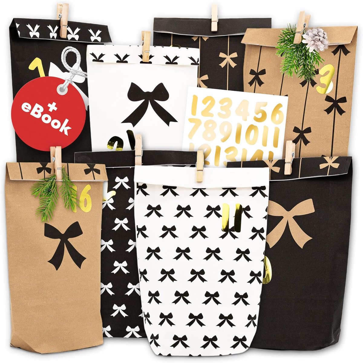 AMARI Advent Calendar to Fill No. 24 Ribbon - 24 Paper Advent Bags (with Wooden Clips) for Crafts for Christmas - ShopVlot