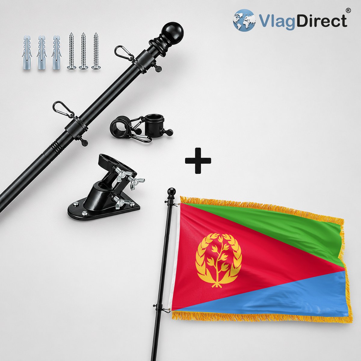 VlagDirect - Compleet vlaggenpakket - Zwarte vlaggenstok inclusief vlaggenstokhouder + Luxe Eritrese vlag - Luxe Eritrea vlag - 90 x 150 cm - Franjes.