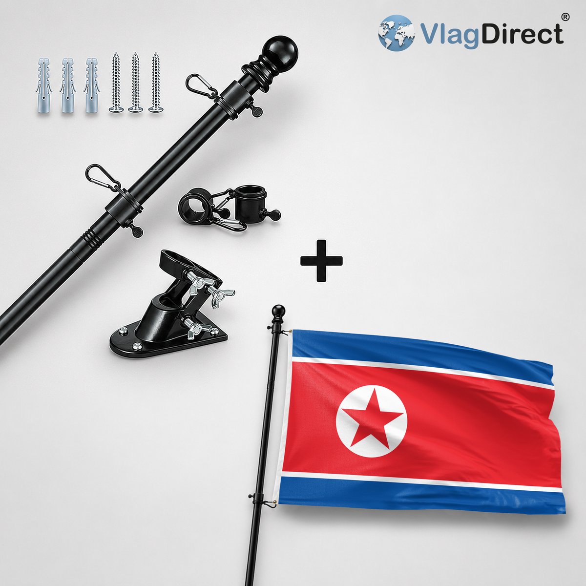 VlagDirect - Compleet vlaggenpakket - Zwarte vlaggenstok inclusief vlaggenstokhouder + Noord-Koreaanse vlag - Noord-Korea vlag - 90 x 150 cm