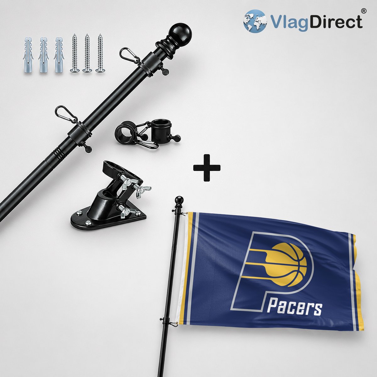 VlagDirect - Compleet vlaggenpakket - Zwarte vlaggenstok inclusief vlaggenstokhouder + Indiana Pacers vlag - Indiana Pacers basketbalteam vlag - 90 x 150 cm.
