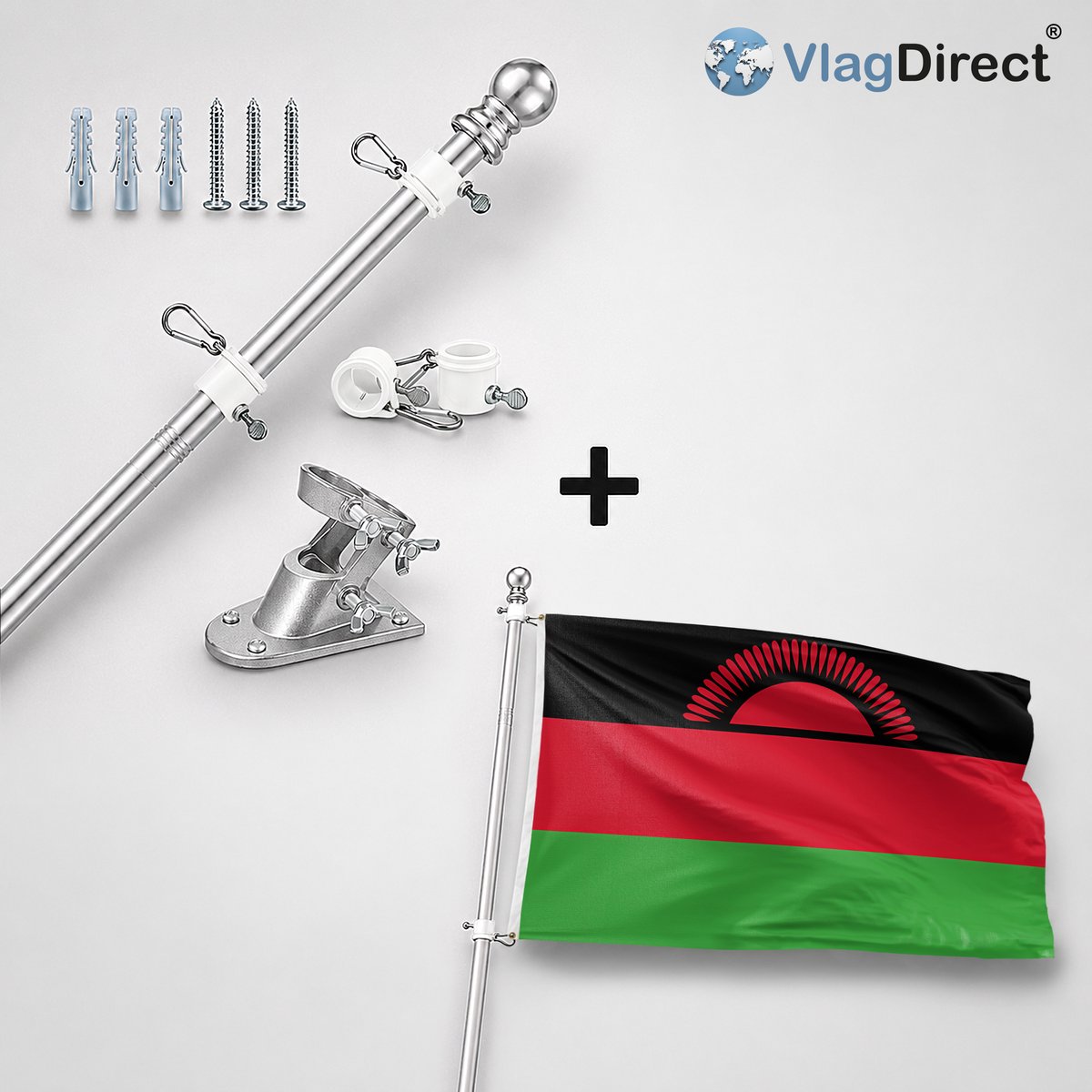 VlagDirect - Compleet vlaggenpakket - Zilveren vlaggenstok inclusief vlaggenstokhouder + Malawische vlag - Malawi vlag - 90 x 150 cm