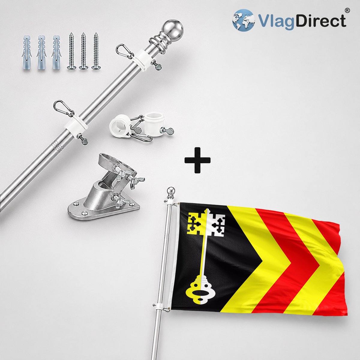 VlagDirect - Compleet vlaggenpakket - Zilveren vlaggenstok inclusief vlaggenstokhouder + Bladel vlag - Gemeente Bladel vlag - 90 x 150 cm.