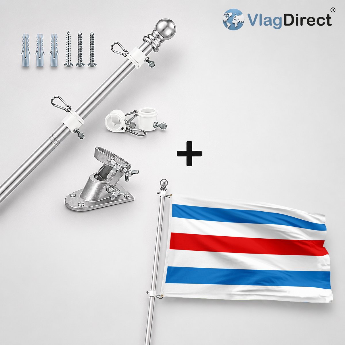 VlagDirect - Compleet vlaggenpakket - Zilveren vlaggenstok inclusief vlaggenstokhouder + Gemeente Manhay vlag - 90 x 150 cm.
