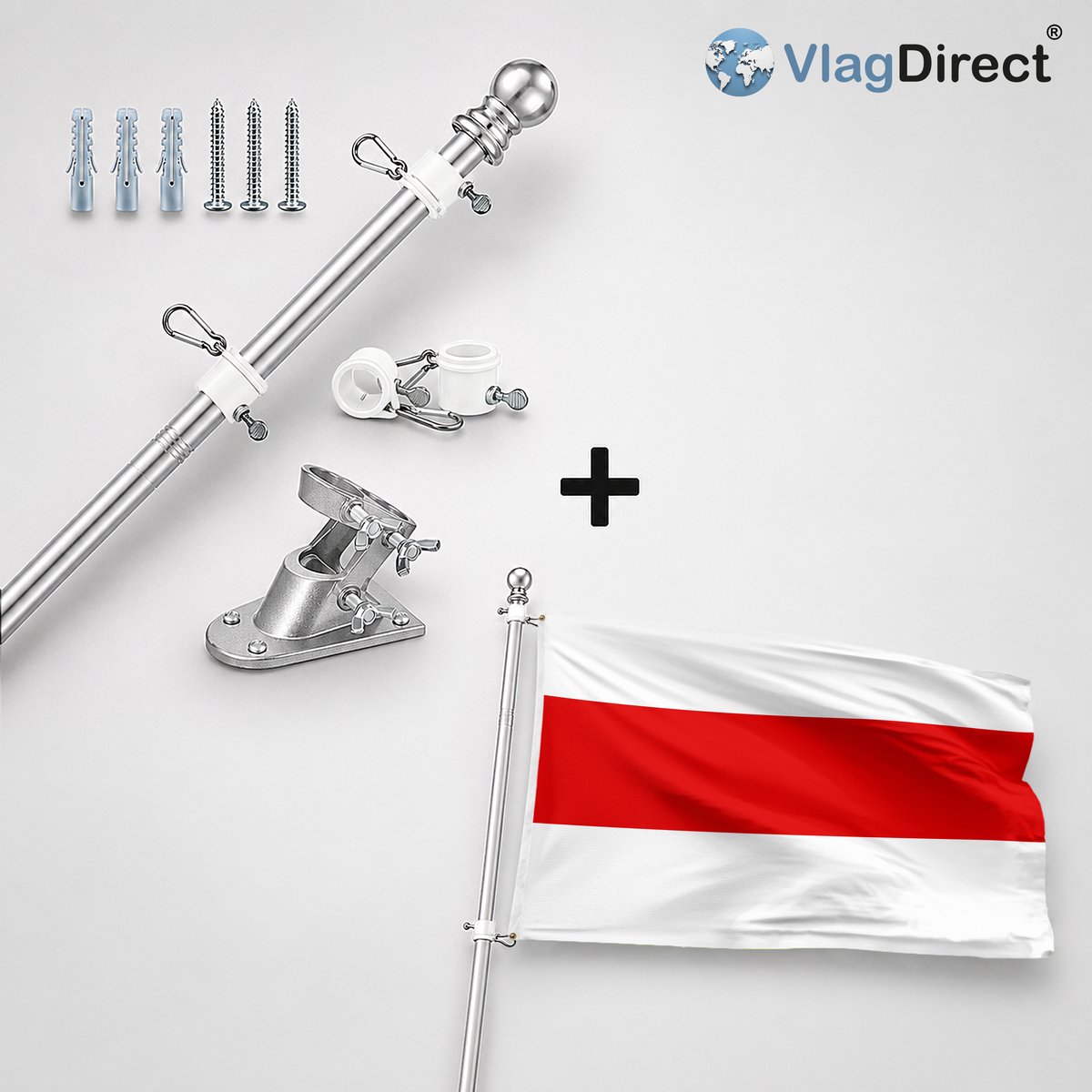 VlagDirect - Compleet vlaggenpakket - Zilveren vlaggenstok inclusief vlaggenstokhouder + Berlarese vlag - Gemeente Berlare vlag - 90 x 150 cm.