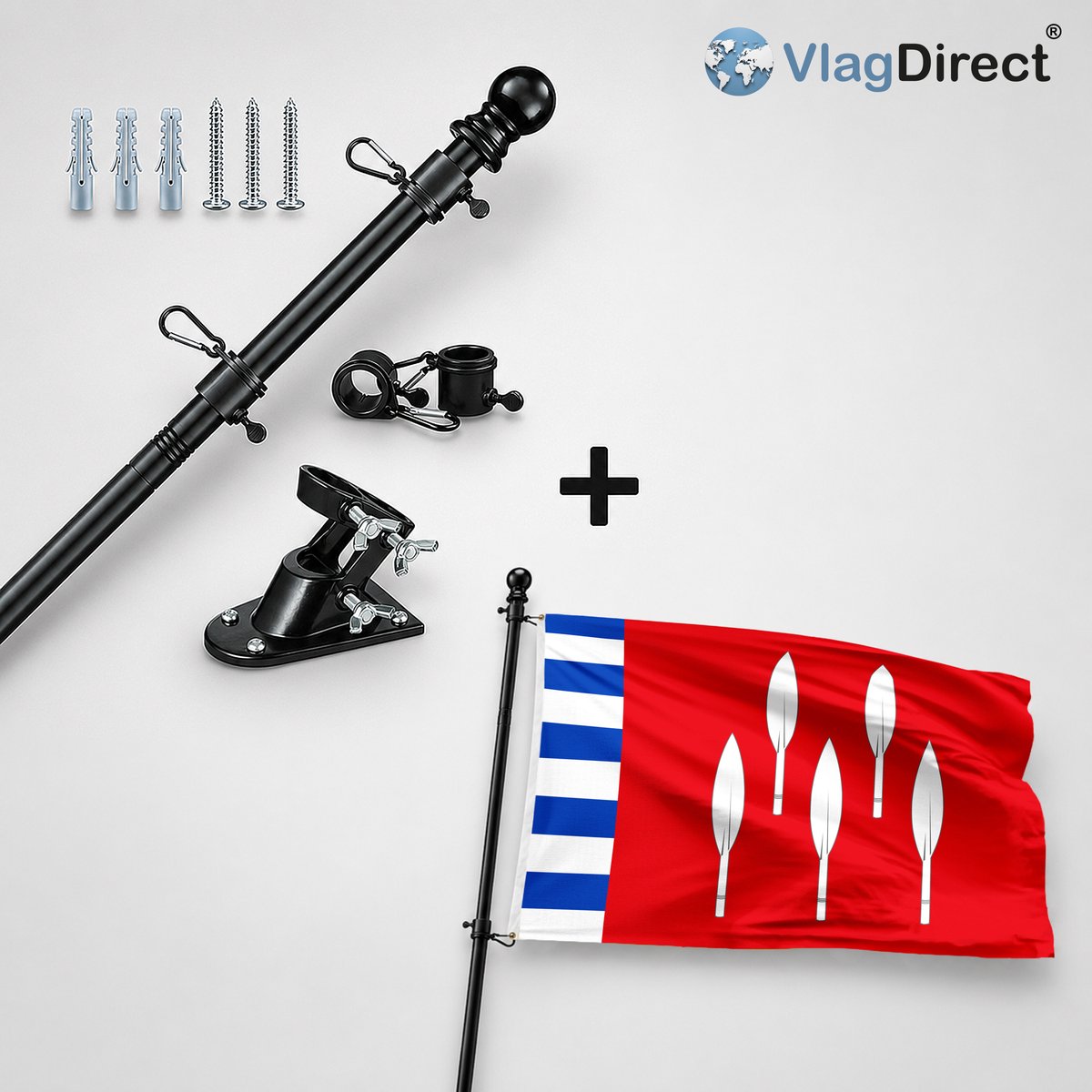 VlagDirect - Compleet vlaggenpakket - Zwarte vlaggenstok inclusief vlaggenstokhouder + Gemeente Meix-devant-Virton vlag - 90 x 150 cm.