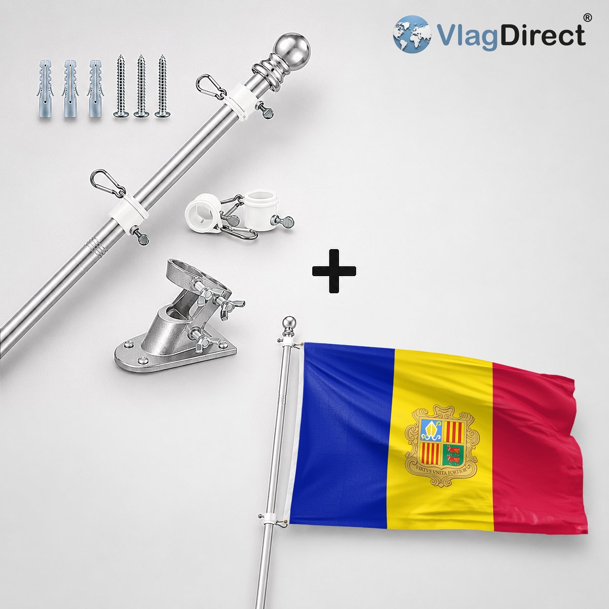 VlagDirect - Compleet vlaggenpakket - Zilveren vlaggenstok inclusief vlaggenstokhouder + Andorraanse vlag - Andorra vlag - 90 x 150 cm.