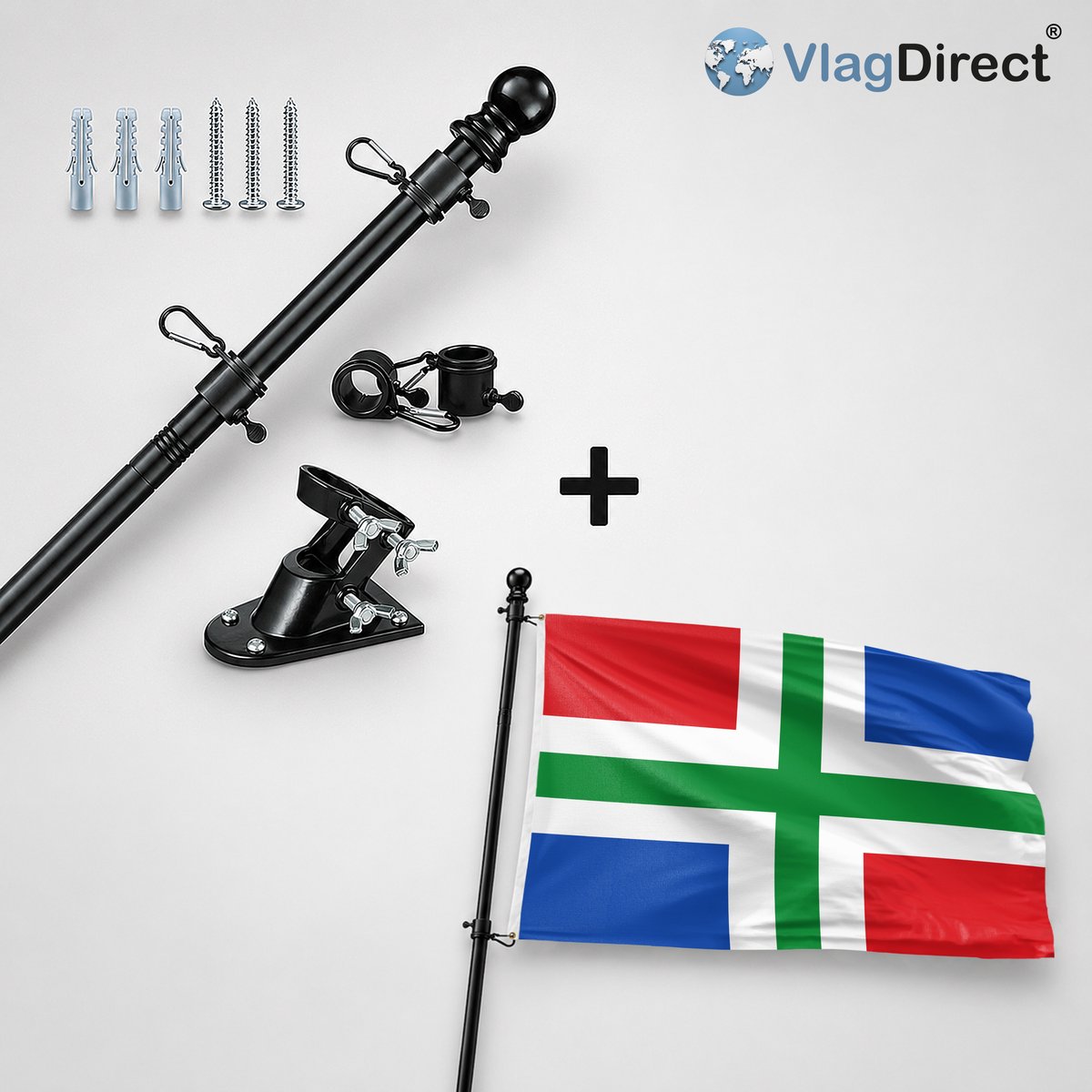 VlagDirect - Compleet vlaggenpakket - Zwarte vlaggenstok inclusief vlaggenstokhouder + Groningse vlag - Groningen vlag - 90 x 150 cm