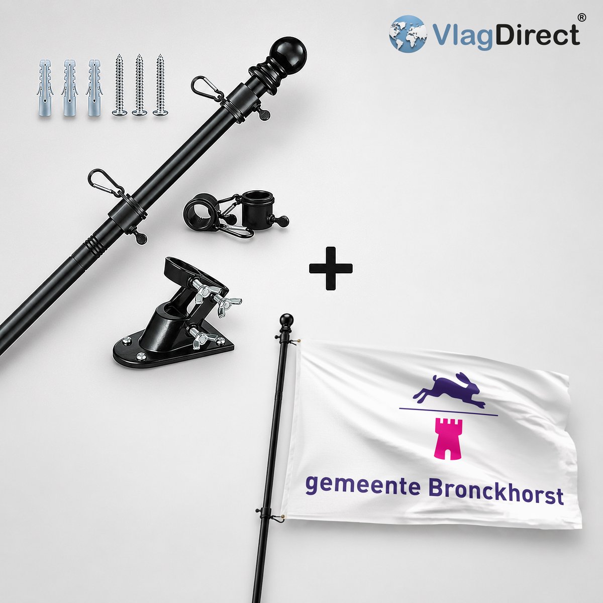 VlagDirect - Compleet vlaggenpakket - Zwarte vlaggenstok inclusief vlaggenstokhouder + Bronckhorst vlag - Gemeente Bronckhorst vlag - 90 x 150 cm.