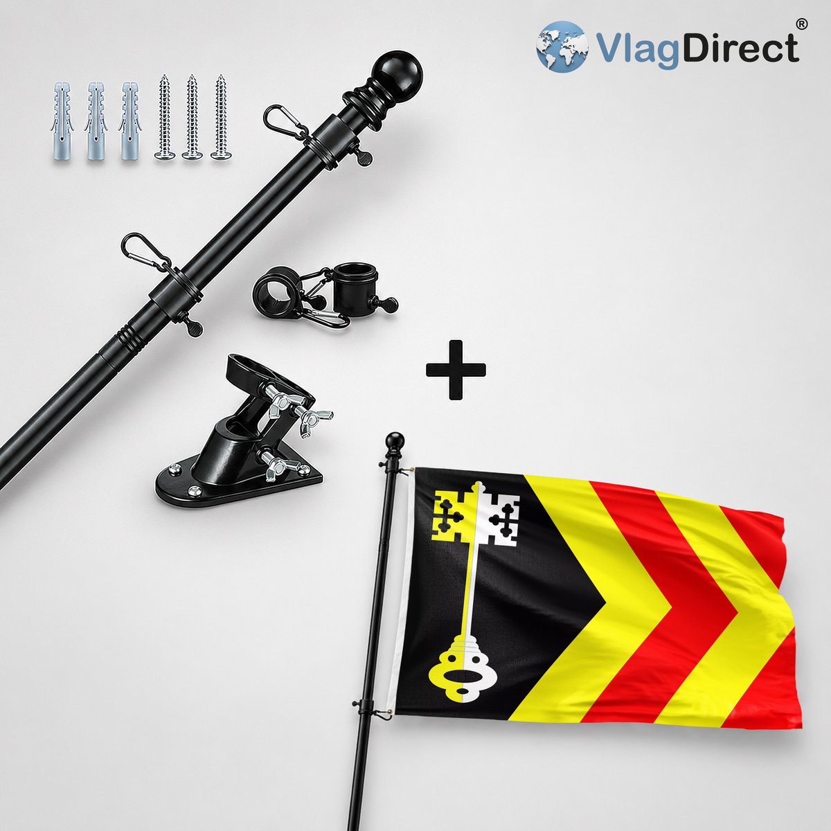 VlagDirect - Compleet vlaggenpakket - Zwarte vlaggenstok inclusief vlaggenstokhouder + Bladel vlag - Gemeente Bladel vlag - 90 x 150 cm.