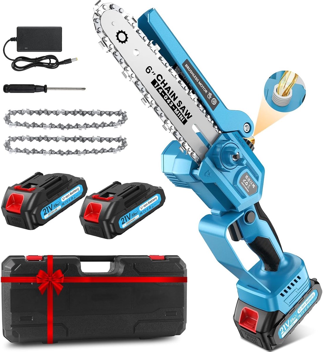 Mini chainsaw with battery 4000 mAh, 1000 W brushless 6-inch electric chain saw with automatic oil and 2 replacement - ShopVlot