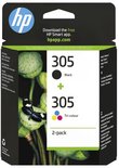 HP 305 inktcartridges, 2-pack. Een zwarte en een driekleurige cartridge met de tekst "hpapp.com".