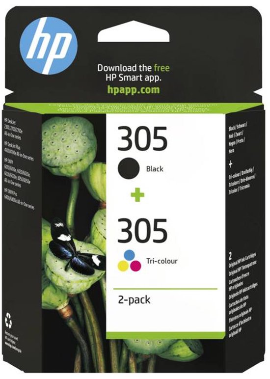 HP 305 inktcartridges, 2-pack. Een zwarte en een driekleurige cartridge met de tekst "hpapp.com".