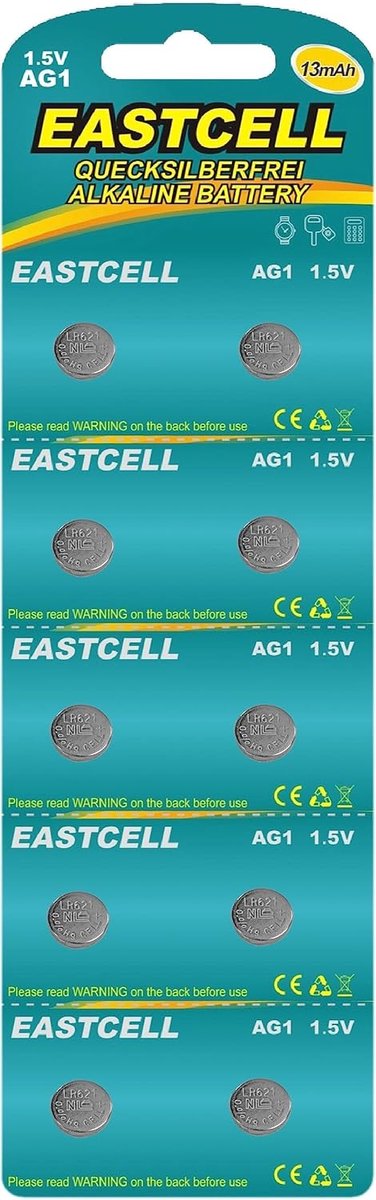 10 x AG1 1.5 V mercury free 13 mAh (1 blister card with 10 batteries) LR60 164 621 Disposable branded product EASTCELL - ShopVlot