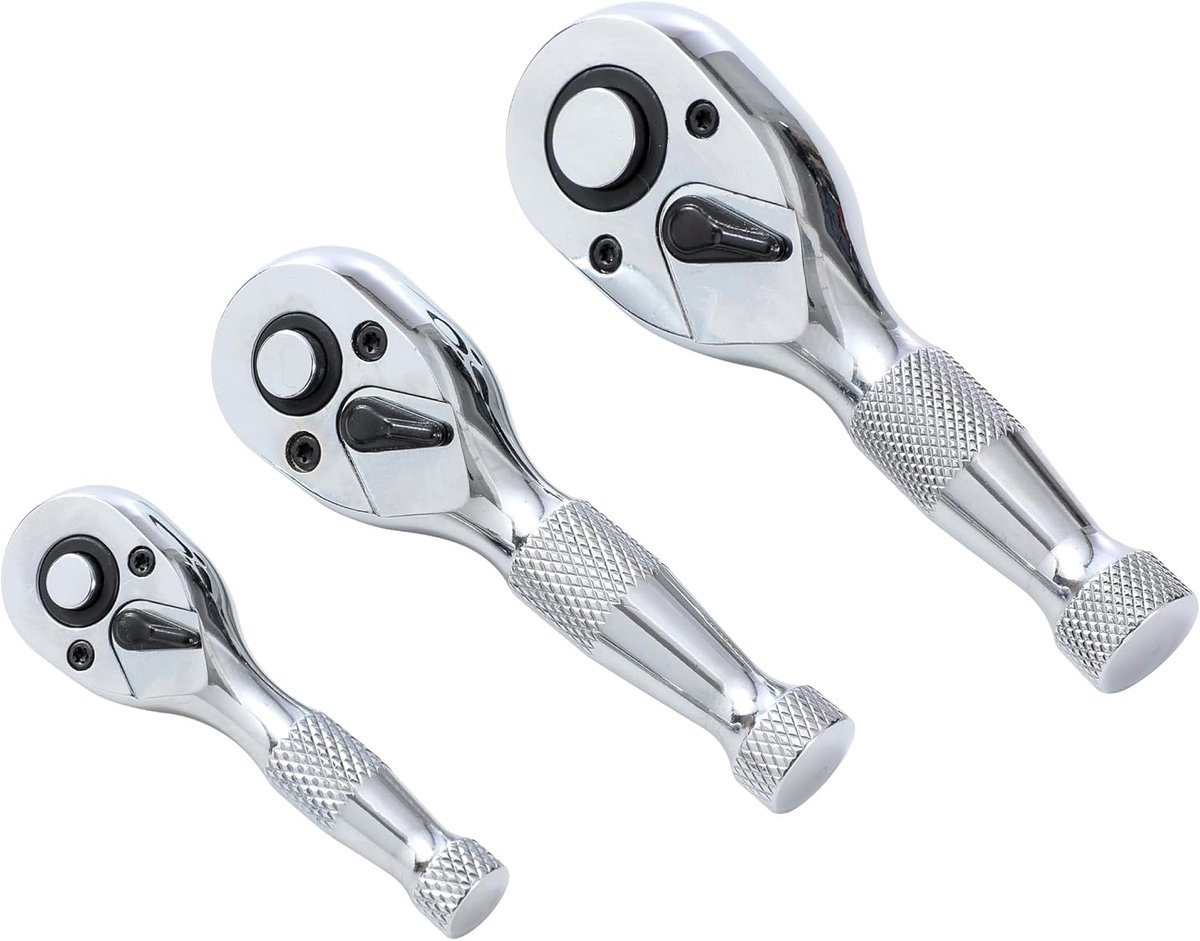 TOPWAY Stubby Ratchet Handle 3Pcs Set 1/2" 3/8" 1/4" Square Drive 72 Teeth Quick Release Reversible Ratchet Wrenches - ShopVlot