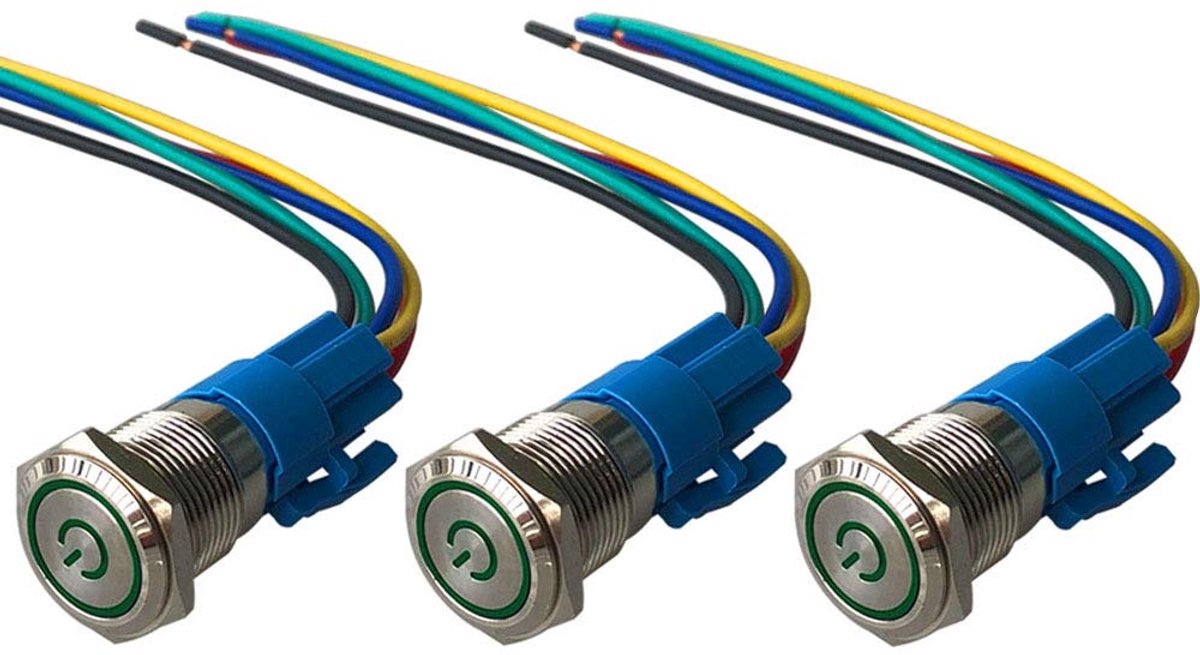 3 Pack Premium 12V/24V 5A Locked Pressure Switch, 19mm Car Ignition Start Switch, Green LED Light, Stainless Steel - ShopVlot