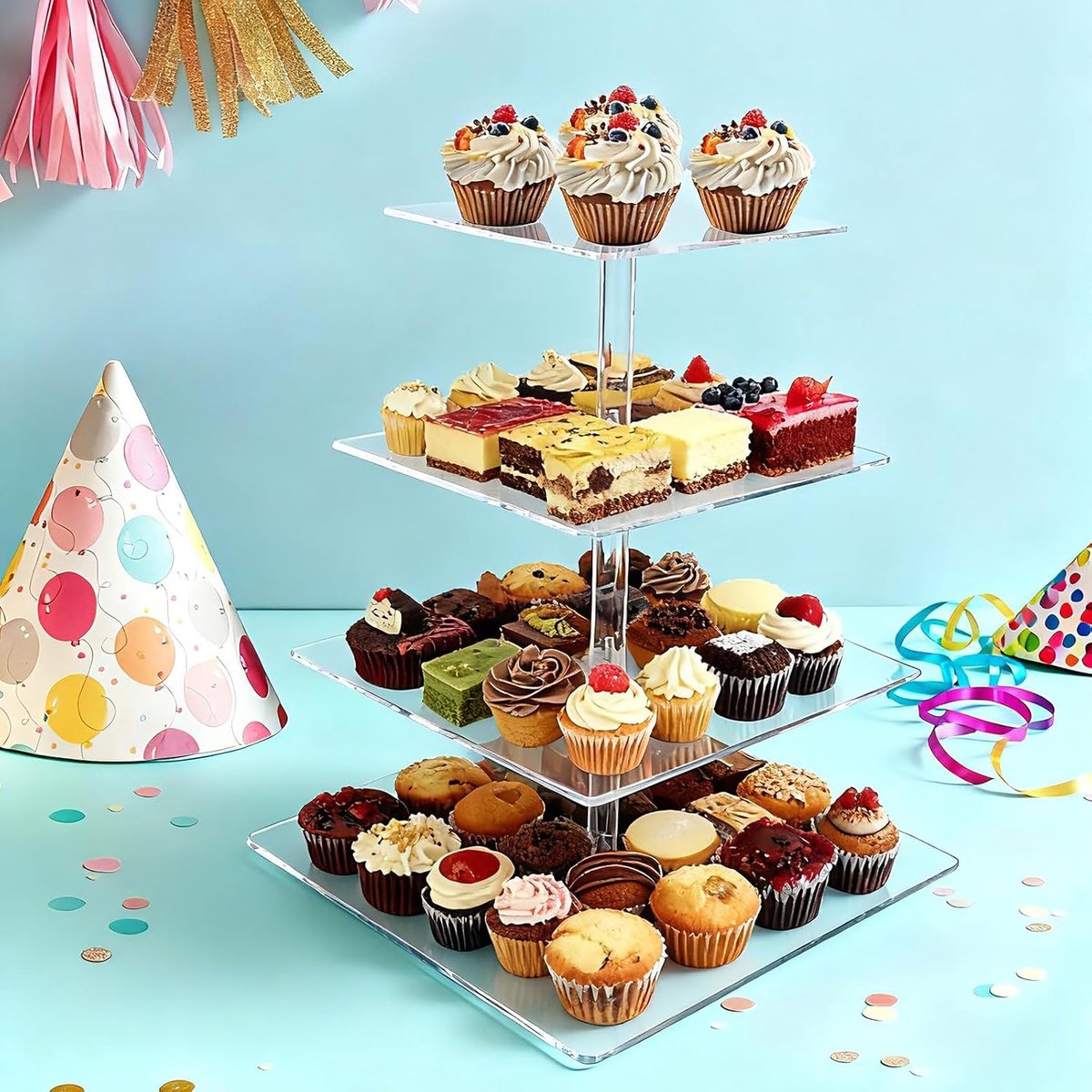 Clear Acrylic Cupcake Stand with Base, 4 Floors, Round Dessert Stand, Cake Tower for Weddings, Birthdays and Theme - ShopVlot