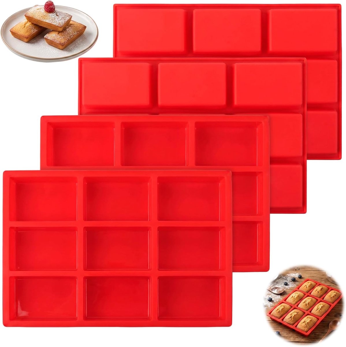 4 stuks siliconen vormen, rechthoekig, 31 x 21 x 2,8 cm, 9 holle holtes, siliconen bakvorm, herbruikbare bakvorm - ShopVlot