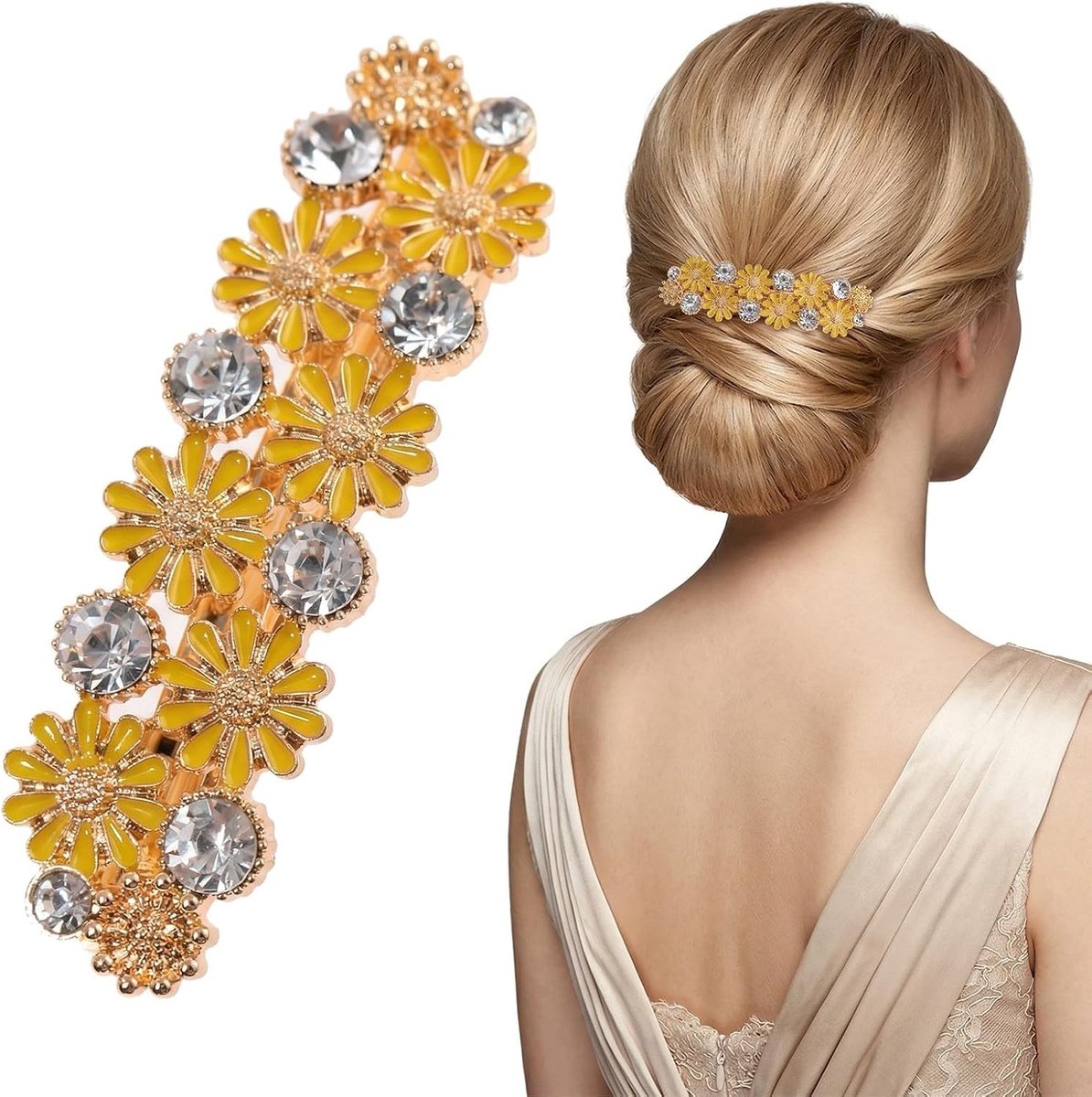 Haarspeld madeliefjes 6,4 x 1,9 cm - vintage legering - met strass - voor bruid en dagelijks gebruik - ShopVlot