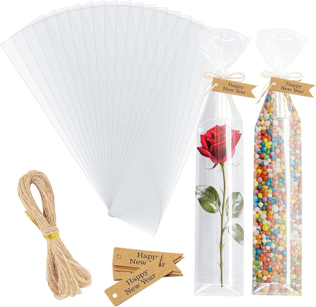 Transparante Cellofaanzakjes met Cadeaulabels en Touw - Perfect voor DIY, Cadeauverpakking en Decoratie - 100 Stuks, 7x32cm, Geschikt voor Kaarsen en Feestjes