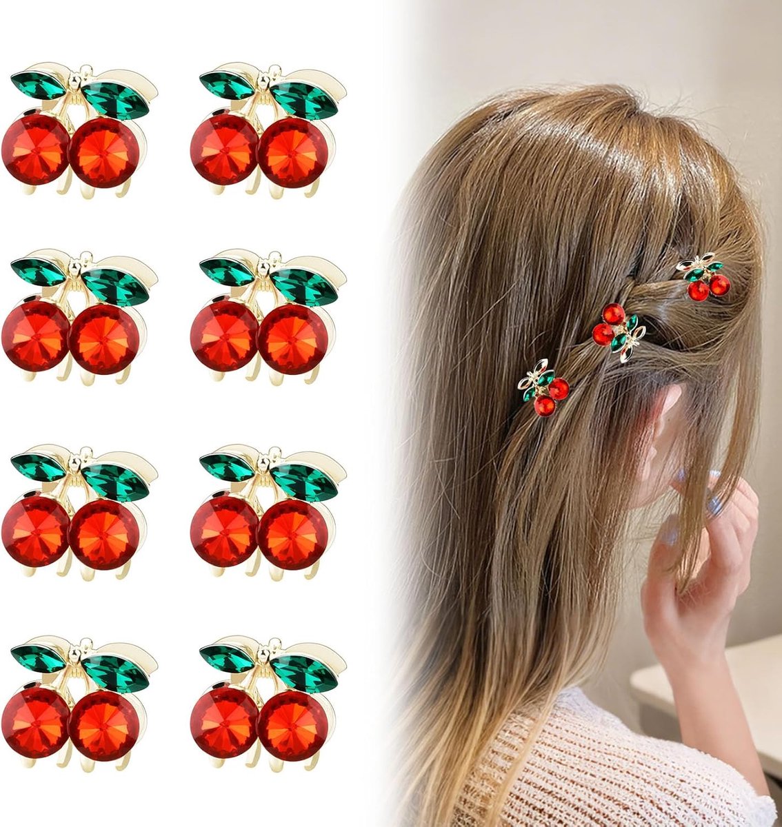 Haarclip Kers - Mini Claw Clips - 8 Stuks - Decoratief met Strass - Voor Alle Haartypes - ShopVlot