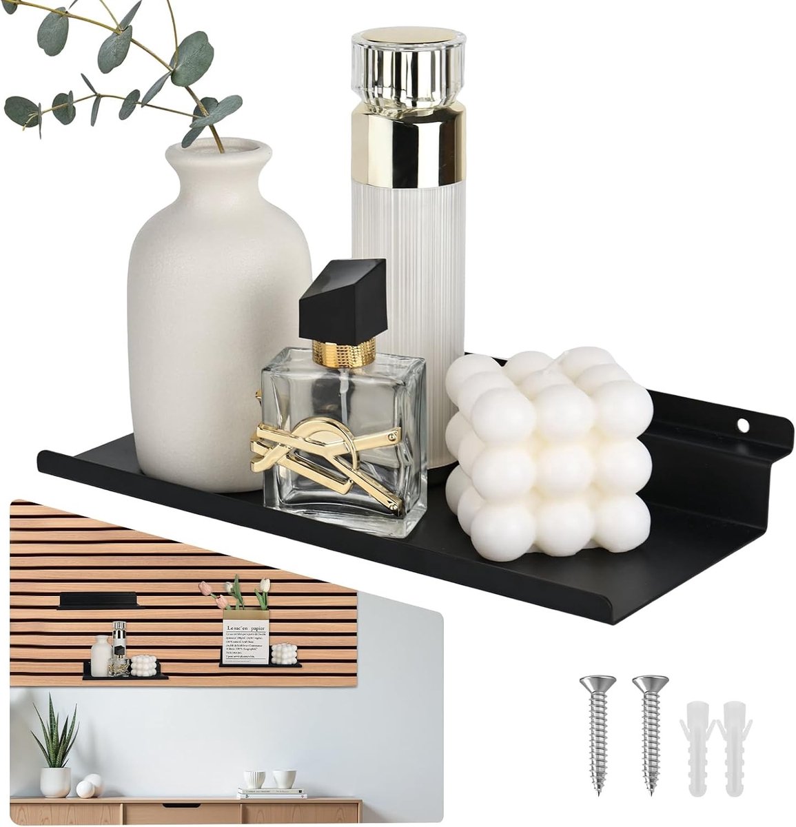 Drijvende Wandplank voor Akoestische Panelen, Metalen Wandplanken, 25 x 10 cm, Accessoires voor Akoestische Behandeling, Zwart, Ideaal voor Woonkamer en Slaapkamer