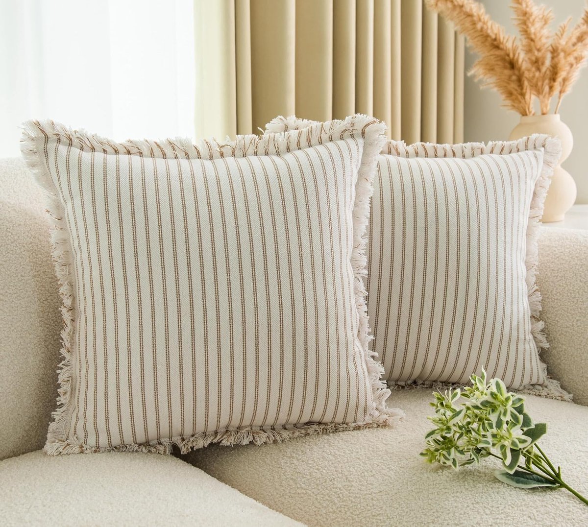 Kussenhoezen 45 x 45 cm - Franje Khaki Gestreept - Boho Farmhouse Stijl - Perfecte Decoratie voor Woonkamer - ShopVlot