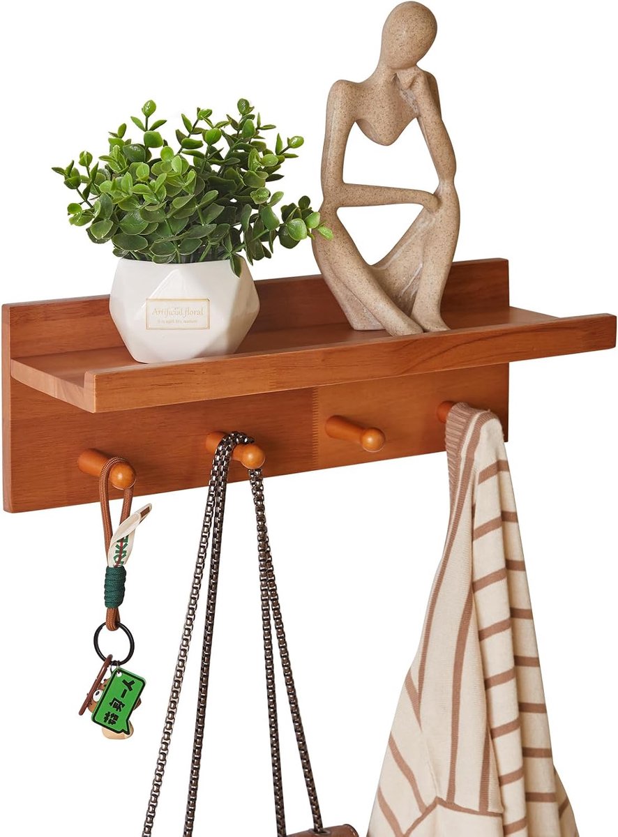 Wandhaak met plank 15,7 inch - massief hout - cherry kleur - ideaal voor jassen en handdoeken - ShopVlot