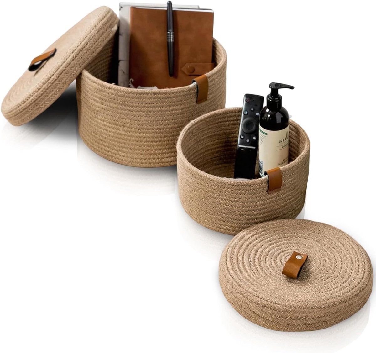 Set van 2 gevlochten opbergmanden van katoenen touw met deksel, ideaal voor speelgoed, cosmetica en decoratie, Ø 28 cm en Ø 23 cm