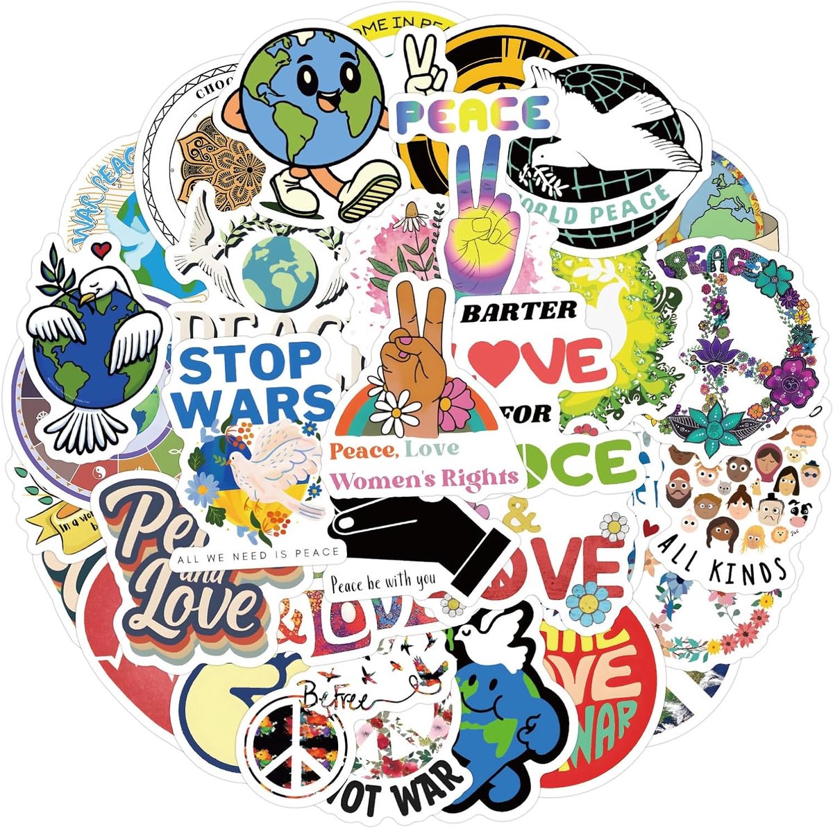 Set van 60 stickers vrede en liefde - waterdicht vinyl - verwijderbaar zonder resten - perfecte decoratie - ShopVlot