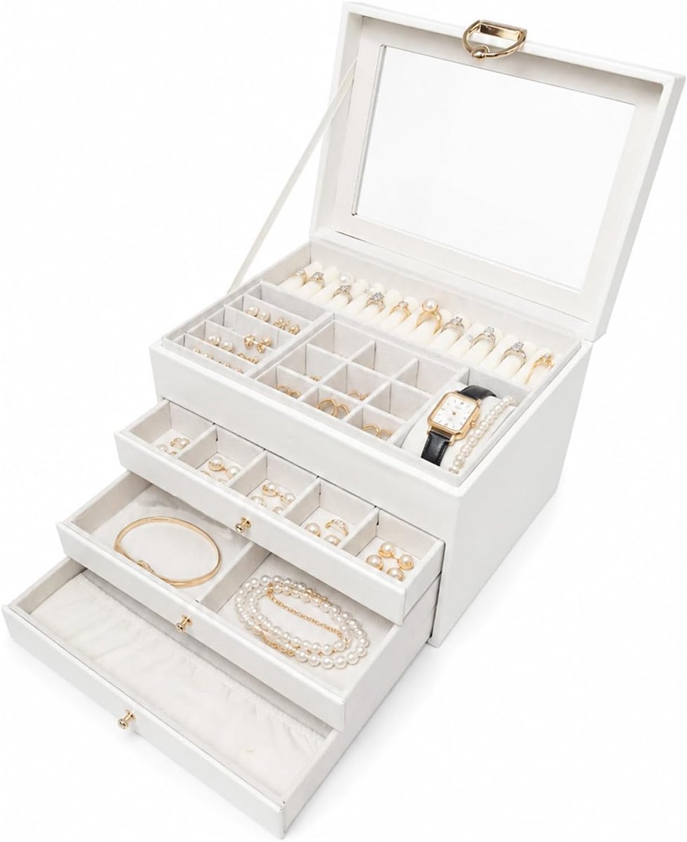 Sieradenorganizer 4-laags - wit - doorzichtig deksel - houdt je sieraden georganiseerd - ShopVlot