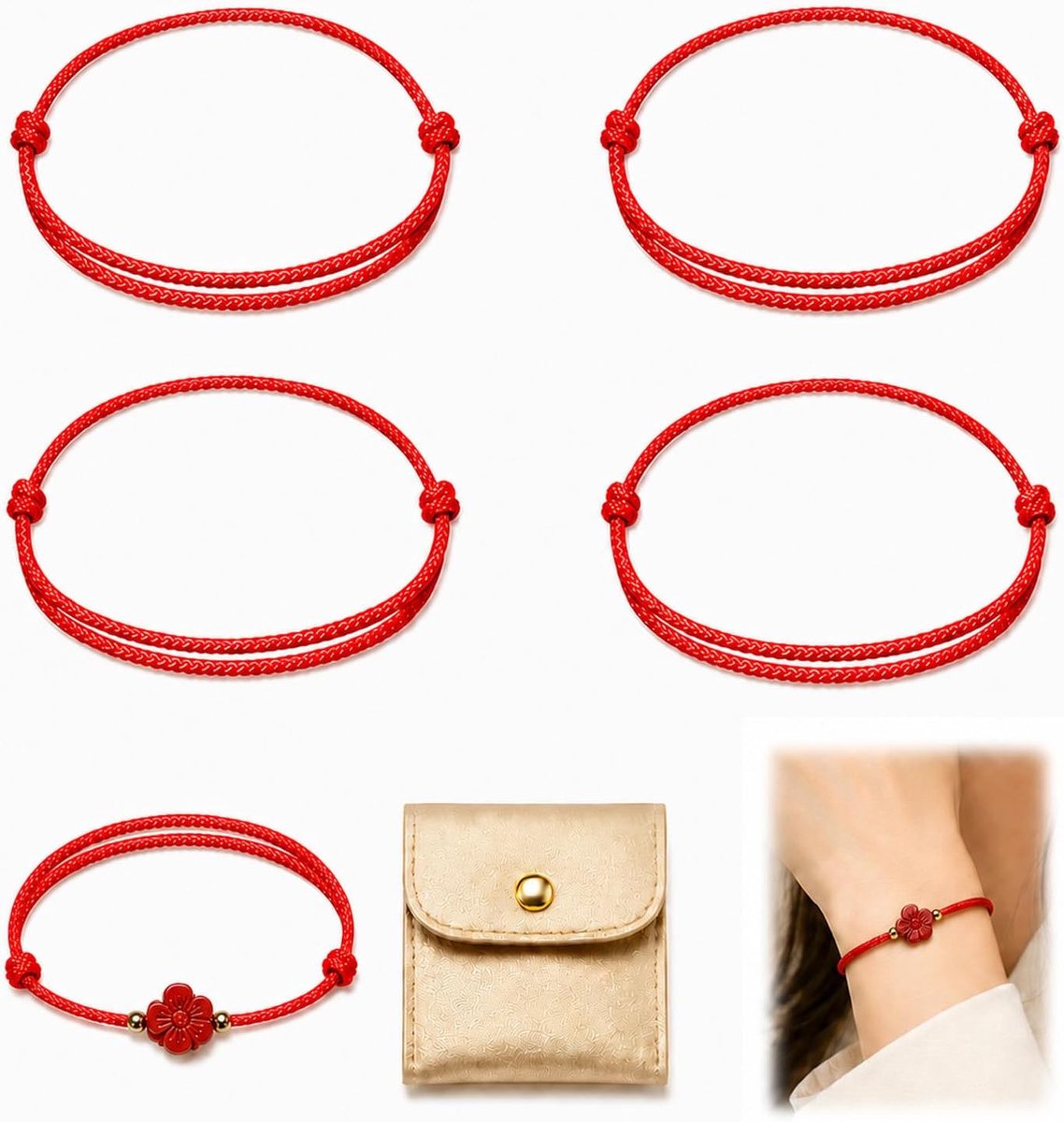 Geluksarmbanden set - 5 rode armbanden met PU-zakje - verstelbaar - bescherming voor yoga - ShopVlot
