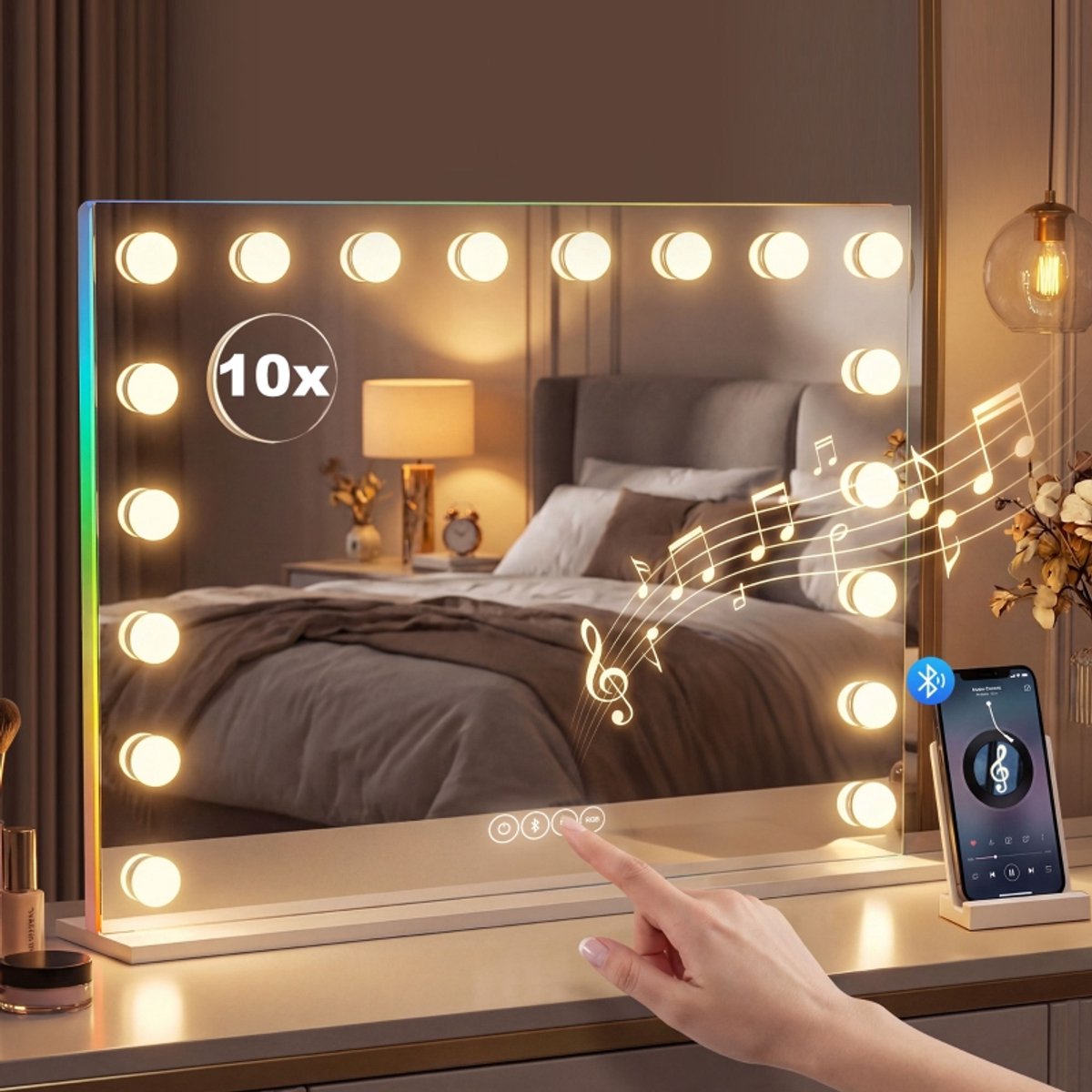 Kapspiegel Met 18 Dimbare Ledlampen 80 X 60 Cm Glas Wit Voor Make Up Met 3 Lichtkleuren Rgb Verlichting Bluetooth En 10X Vergroting