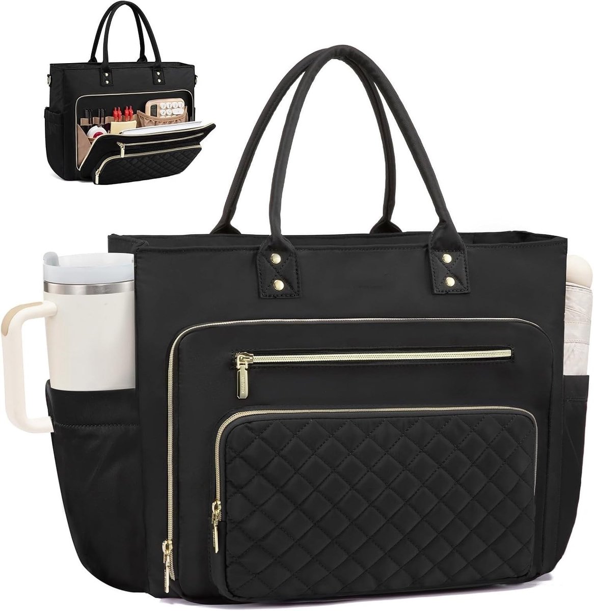 Grote laptoptas voor dames, 15,6 inch, ideaal voor werk, school en reizen, zwart met geïsoleerde tas