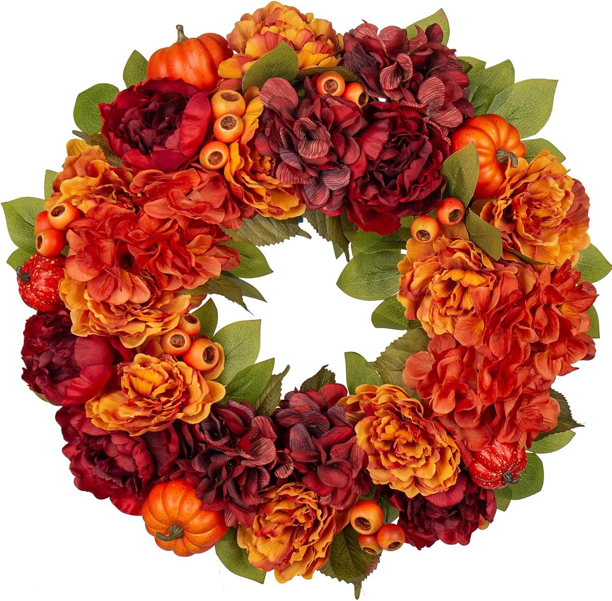 Kunstmatige krans met pioenroos en hortensia - herfstkleuren - voor binnen en buiten - ShopVlot