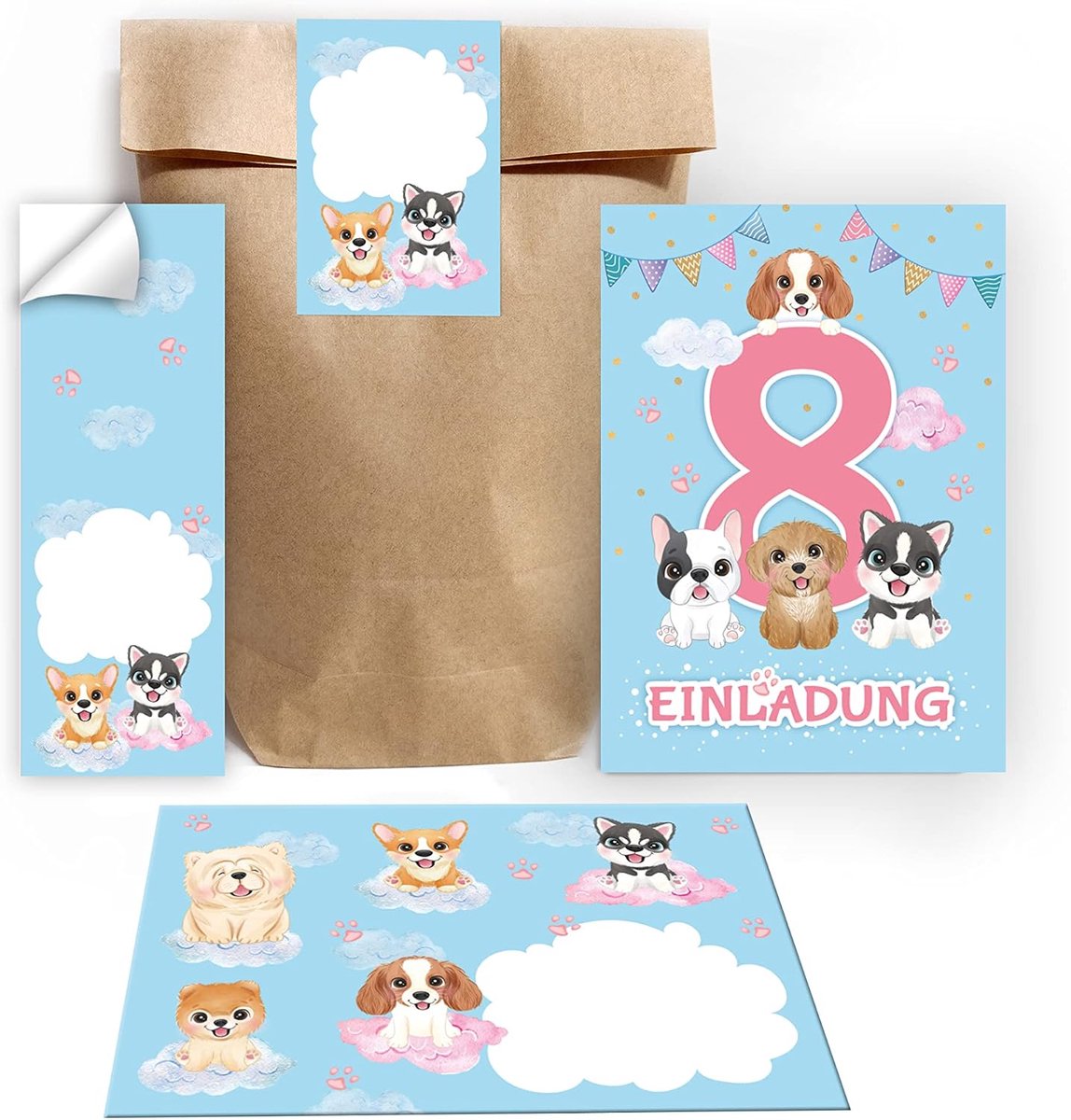 uitnodigingskaarten 8e verjaardag - 12 kaarten met enveloppen - vrolijke honden thema - compleet pakket - ShopVlot