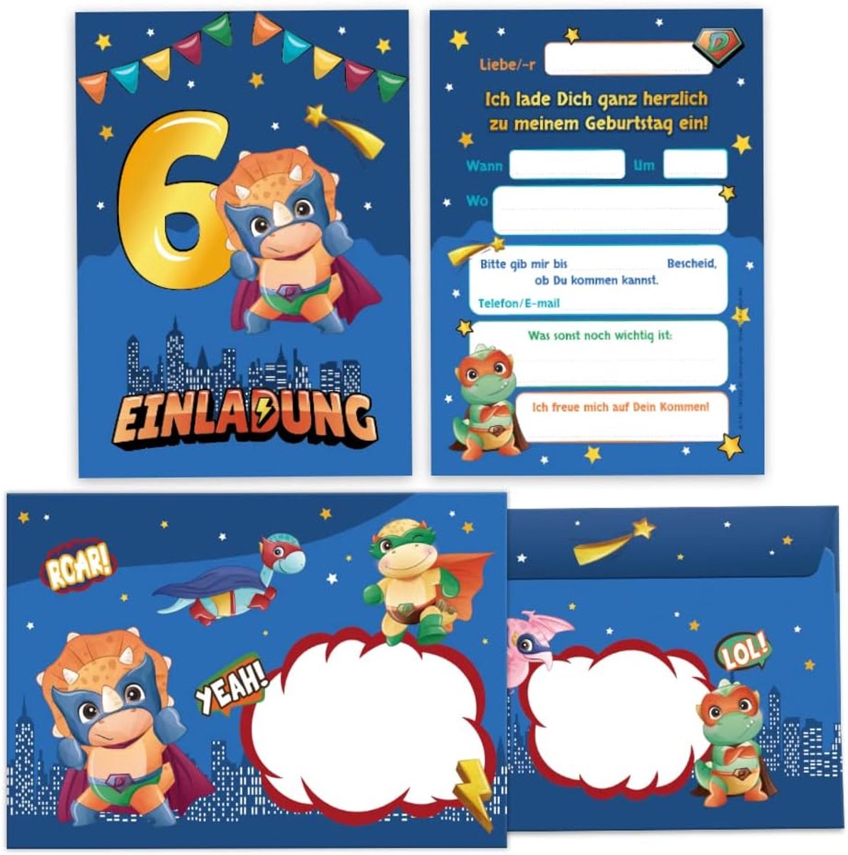 Uitnodigingskaarten 6e verjaardag - Dino thema - 12 kaarten met enveloppen - Perfect voor jongens - ShopVlot