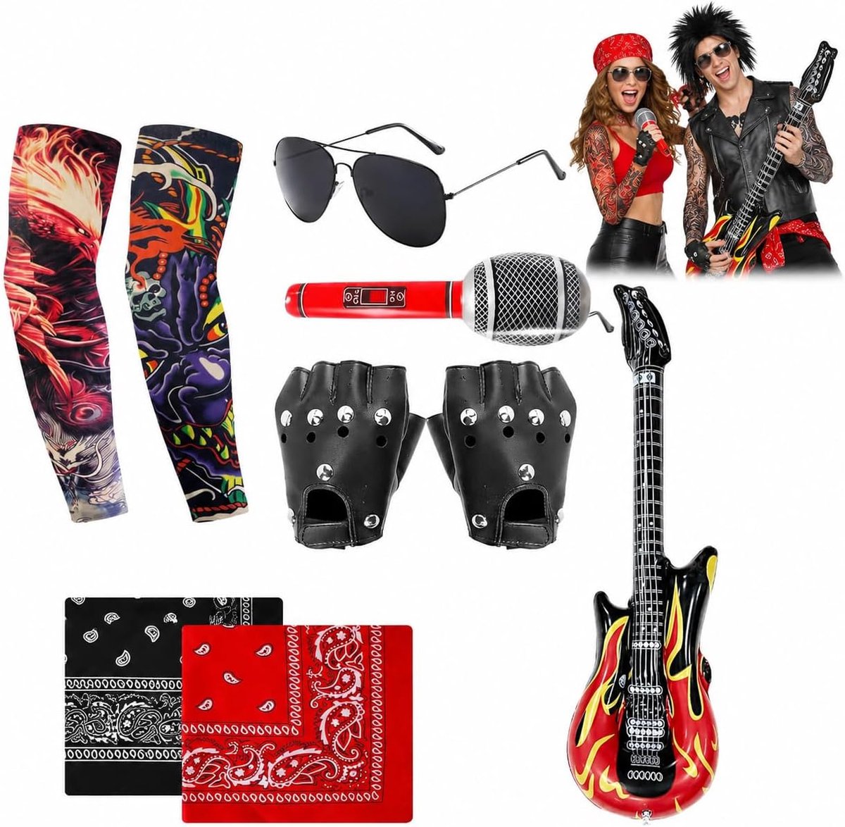 Kostuumaccessoires set punk en rock - opblaasbare gitaar en microfoon - tattoo mouwen en bandana's - ShopVlot