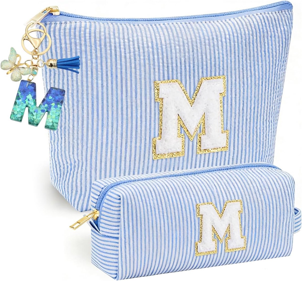 Make-up tas M - gepersonaliseerd - blauwe kleur - met vlinder tassel en initialen - ShopVlot