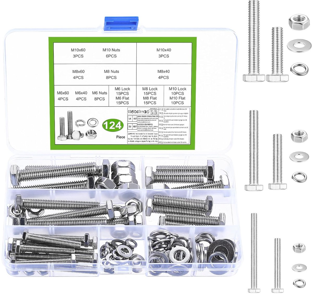 124 Pcs M6 M8 M10 Screw Set Hex Head Screws Nuts Assortment Stainless Steel Threaded Screws with Nuts with Washers Set - ShopVlot