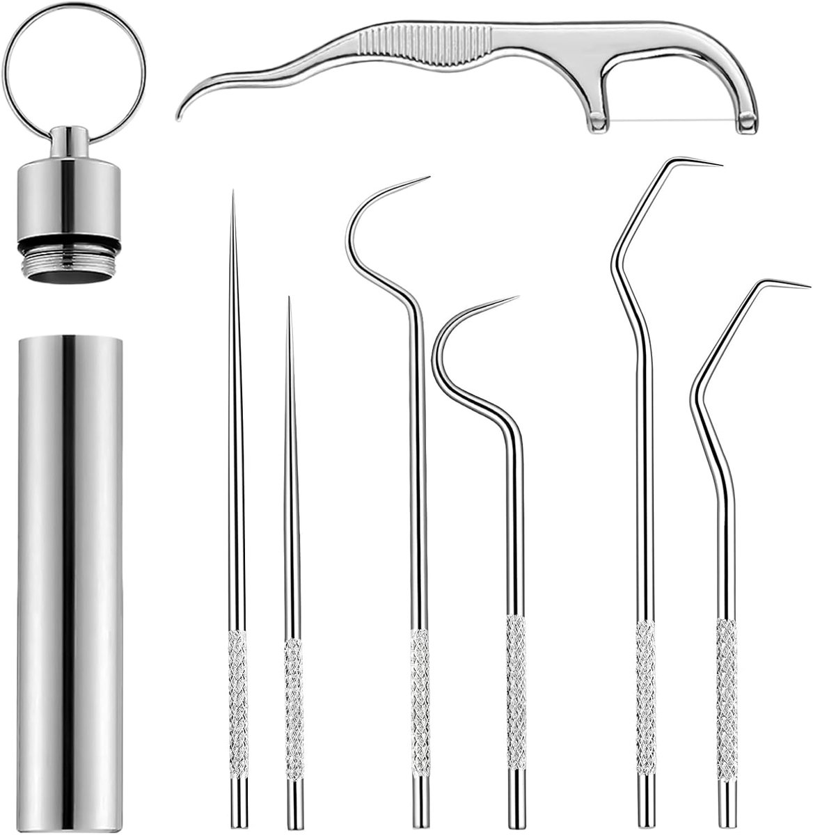 7 Pieces 304 Stainless Steel Toothpicks Set, Dental Premium Tooth Cleaning, Portable Metal Toothpicks and Reusable - ShopVlot