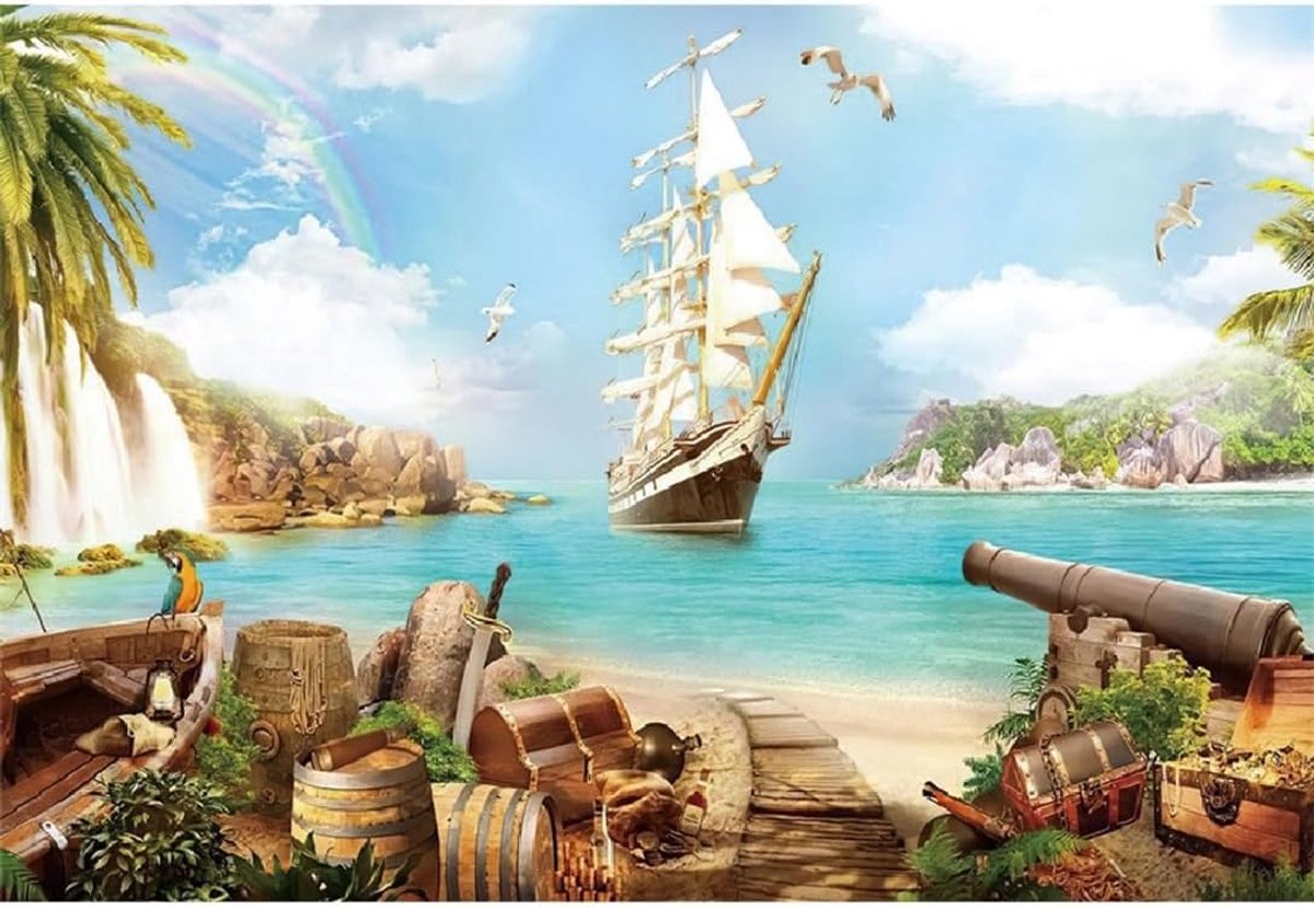 10x8ft nautische achtergrond strand blauwe oceaan pirateneiland fotografie-achtergrond zomer wonderland piratenschip - ShopVlot