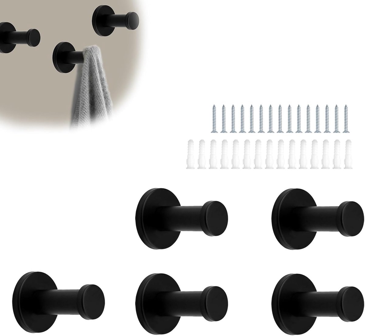 PARFCO Clothes Hooks, Pack of 2, Black, Towel Hooks with Screws and Extension Tubes, Cylindrical Wall Hooks for - ShopVlot