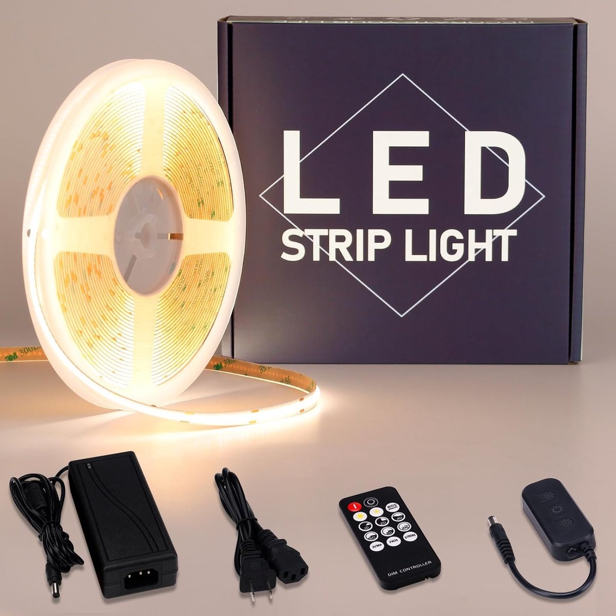 GOMING 24V 10M COB LED Strip Natural White 4000K with LED Dimmer 24V 3A 72W Power Supply 312LED/M 6300lm CRI 93+ - ShopVlot