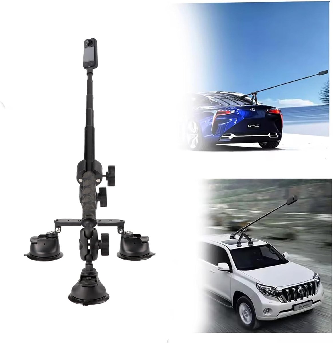 NEWFUN Triple Suction Cup Set for Car, Selfie Stick, 112 cm, Suction Cup Holder for Roof Mounts, 3 Person Car Mount - ShopVlot