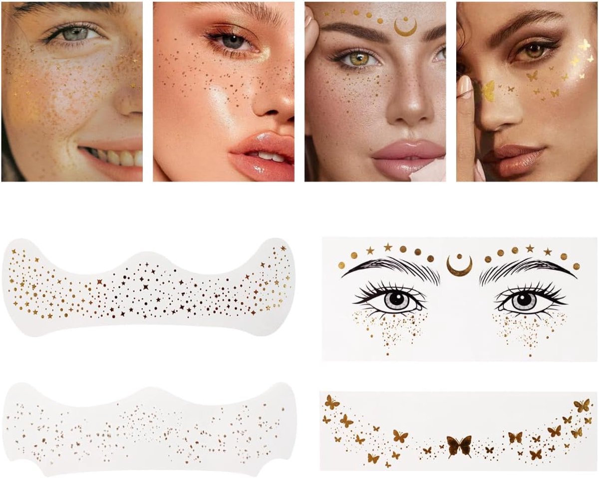 Temporary Freckles Tattoos Metallic Gold Freckles Waterproof Tattoo Flash Makeup Stickers Face Glitter Designs Party - ShopVlot