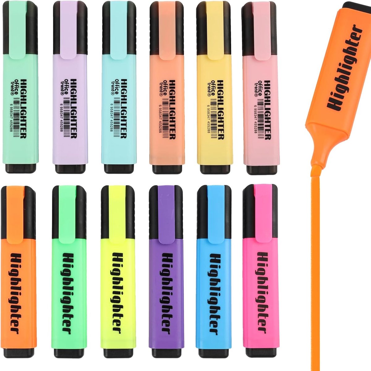 Neon-markeerstiften, etui met 12 verschillende kleuren, inkt op waterbasis, afgeschuinde punt, dubbele breedte, ideaal - ShopVlot
