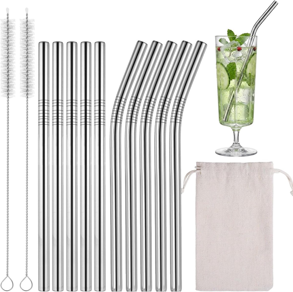 Set van 10 Herbruikbare RVS Rietjes, 5 Rechte & 5 Gebogen Korte Rietjes met 2 Schoonmaakborstels en Opbergzak voor Dranken, Smoothies en Cocktails