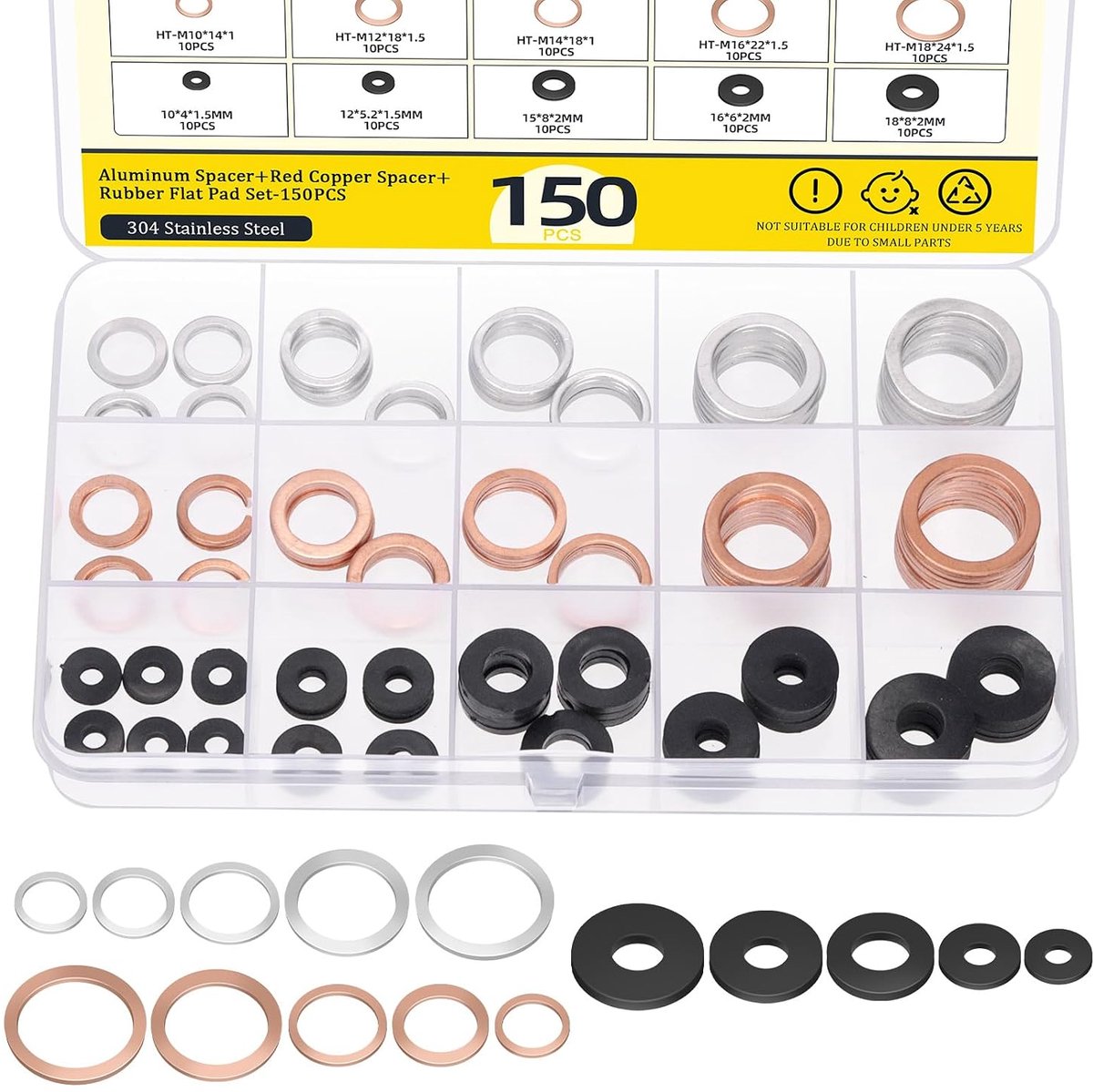 Olieafvoerplugpakking kit 150 stuks - aluminium en koperen gaskets - rubberen vlakke gaskets - ShopVlot